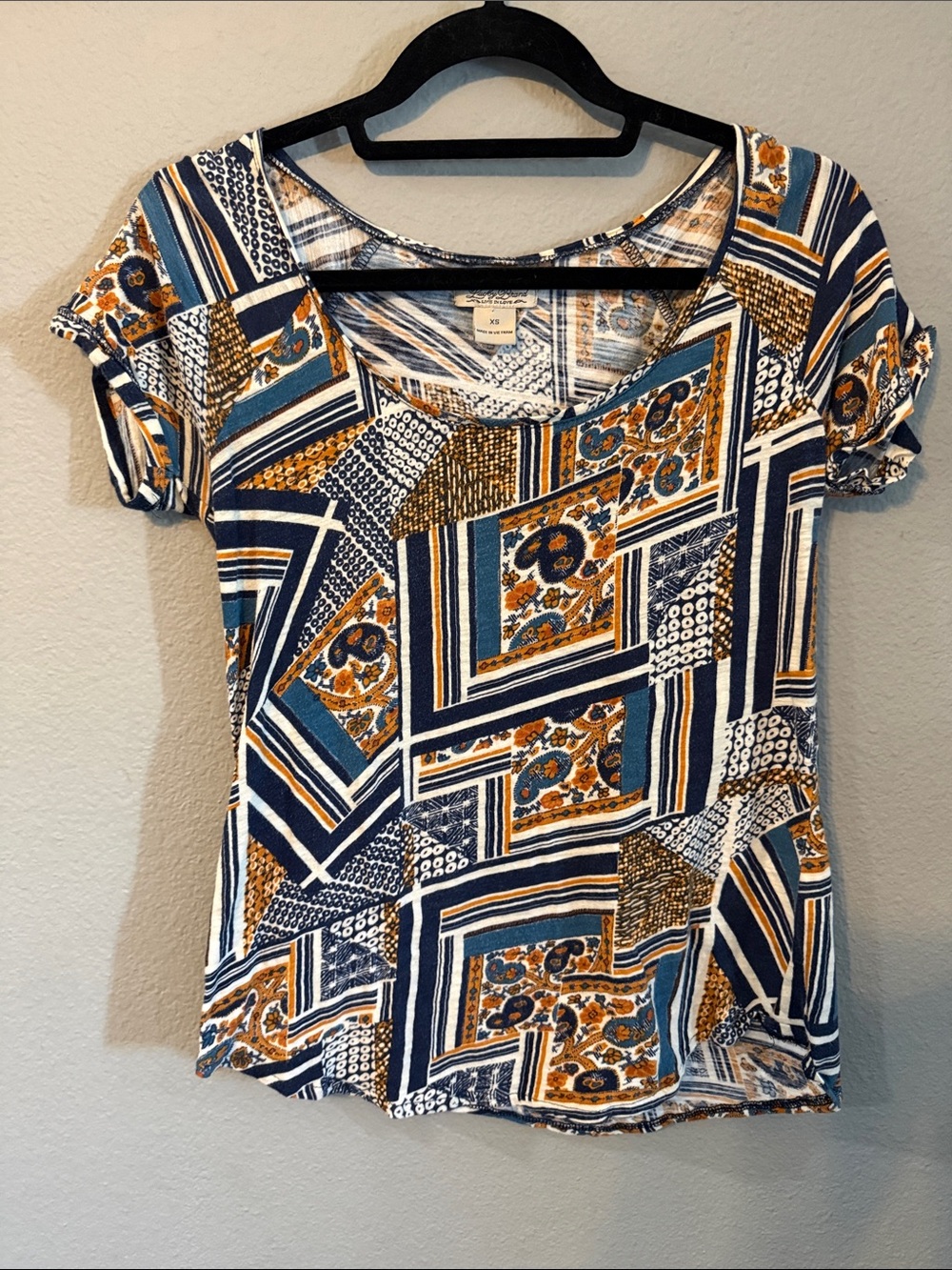 Lucky Brand XS Boho Patchwork Paisley Print Scoop Neck Top